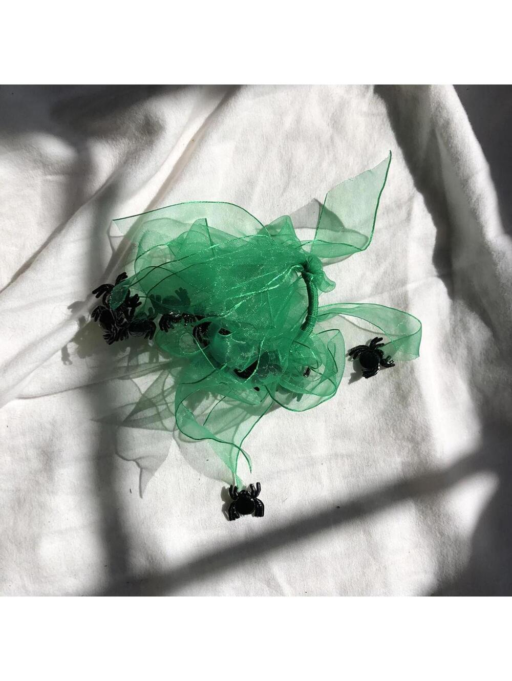 Green Organza Ribbon Hair Tie with Black Spider Decorations